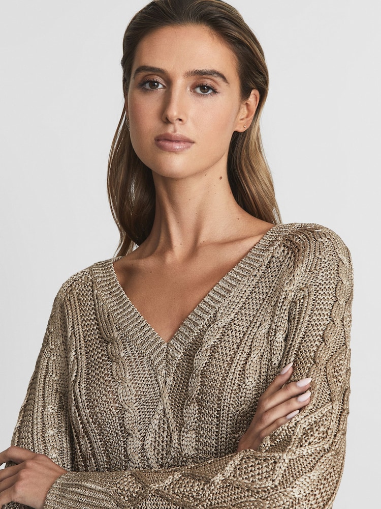 Reiss Gold Vanessa V-Neck Cable Knit Jumper - Image 7 of 7