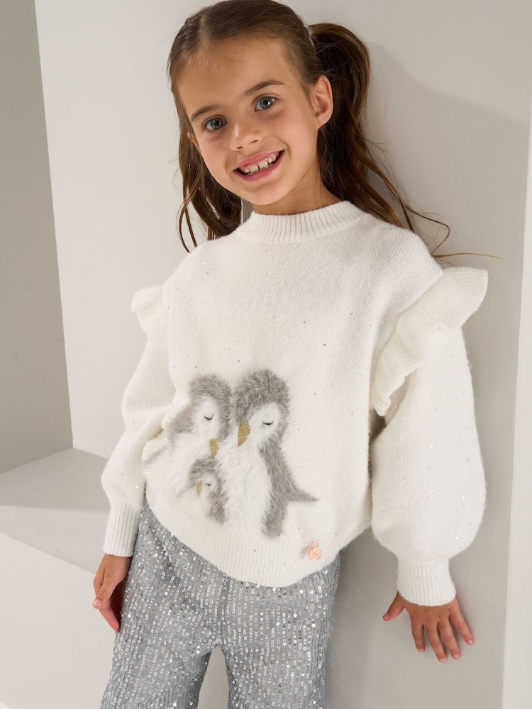 Angel & Rocket Clara Penguin White Sequin Christmas Jumper - Image 1 of 7