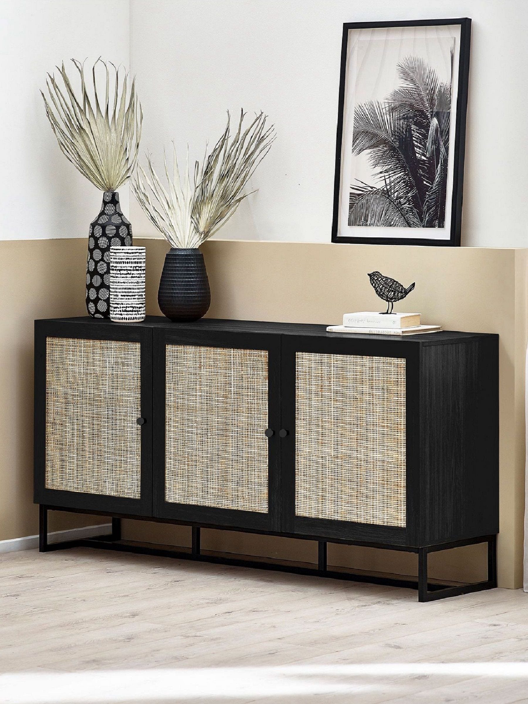 Julian Bowen Padstow Black and Rattan 3 Door Sideboard - Image 7