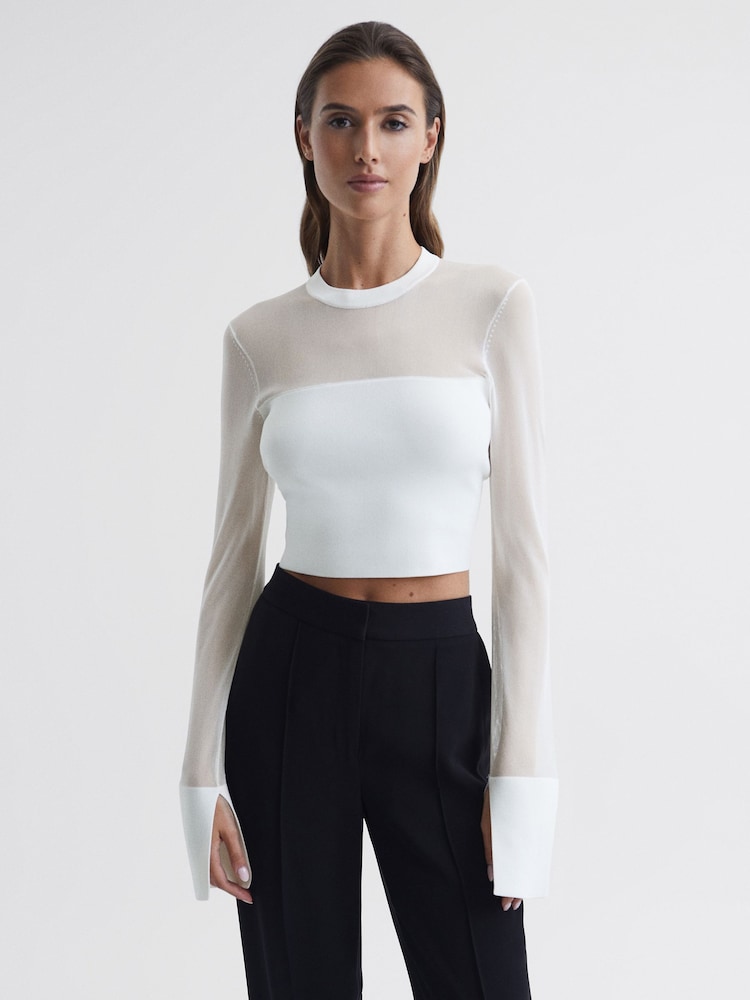 Reiss Ivory Heather Sheer Block Crop Top - Image 1 of 6