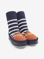 JoJo Maman Bébé Navy Blue Ecru Cream Stripe Moccasin Slipper Socks - Image 1 of 2