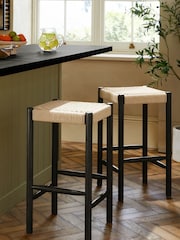 Set of 2 Black Wood Woven Oslo Bar Stools - Image 1 of 6