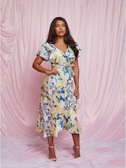 Chi Chi London Blue V-Neck Floral Wrap Midi Dress - Image 1 of 5