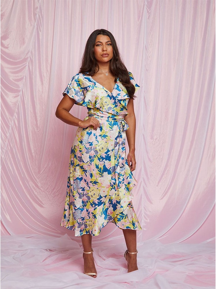 Chi Chi London Blue V-Neck Floral Wrap Midi Dress - Image 1 of 5