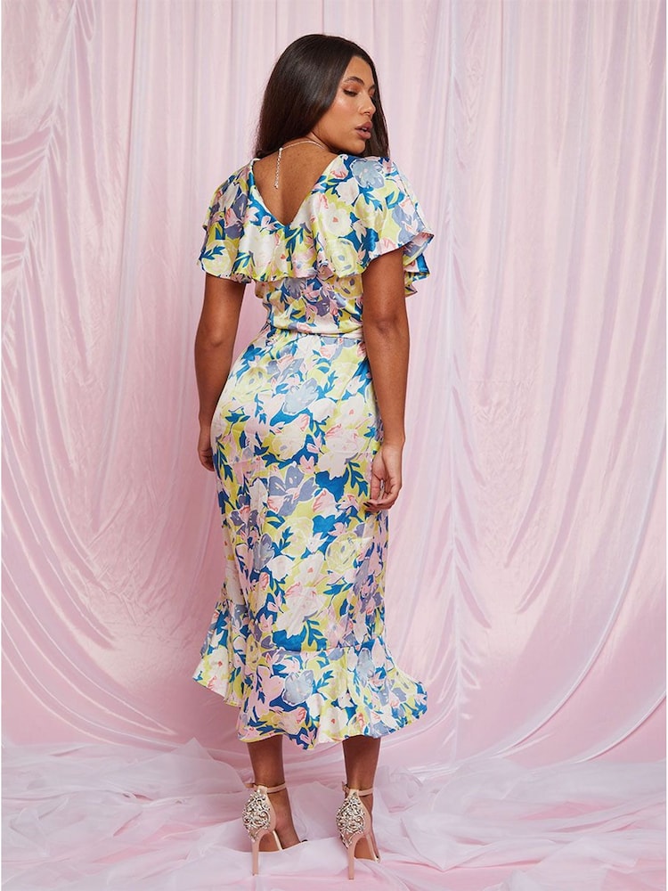 Chi Chi London Blue V-Neck Floral Wrap Midi Dress - Image 2 of 5