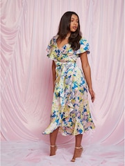 Chi Chi London Blue V-Neck Floral Wrap Midi Dress - Image 3 of 5