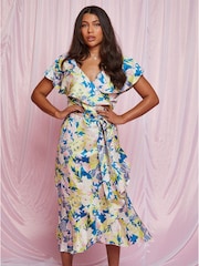 Chi Chi London Blue V-Neck Floral Wrap Midi Dress - Image 4 of 5