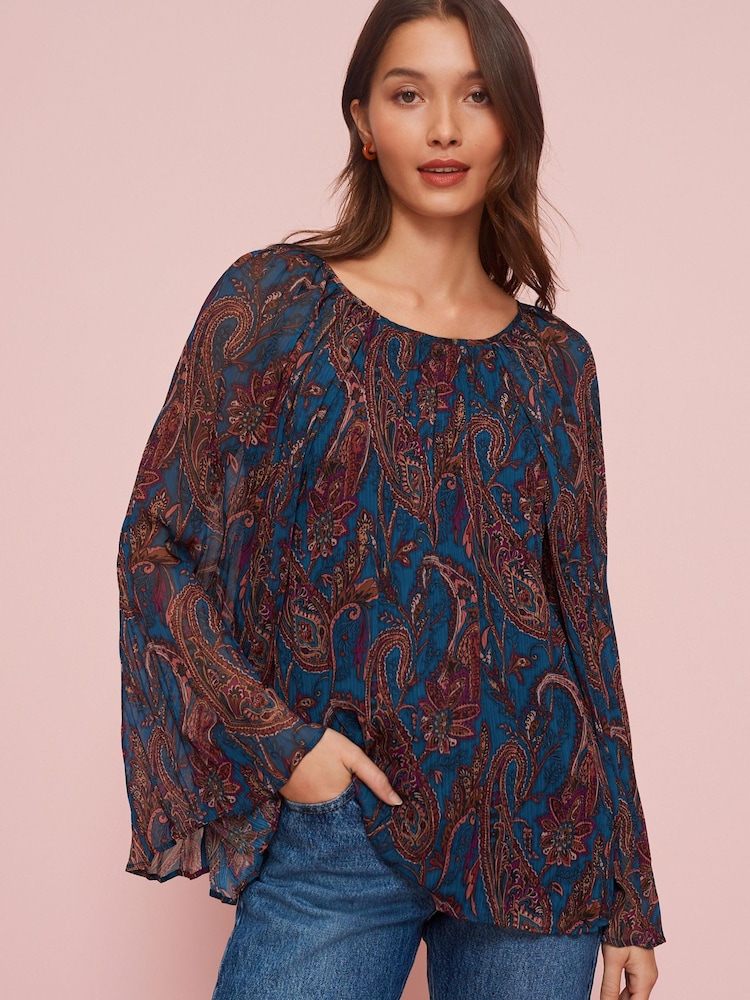 Multi Paisley Long Sleeve Pleated Top - Image 1 of 5