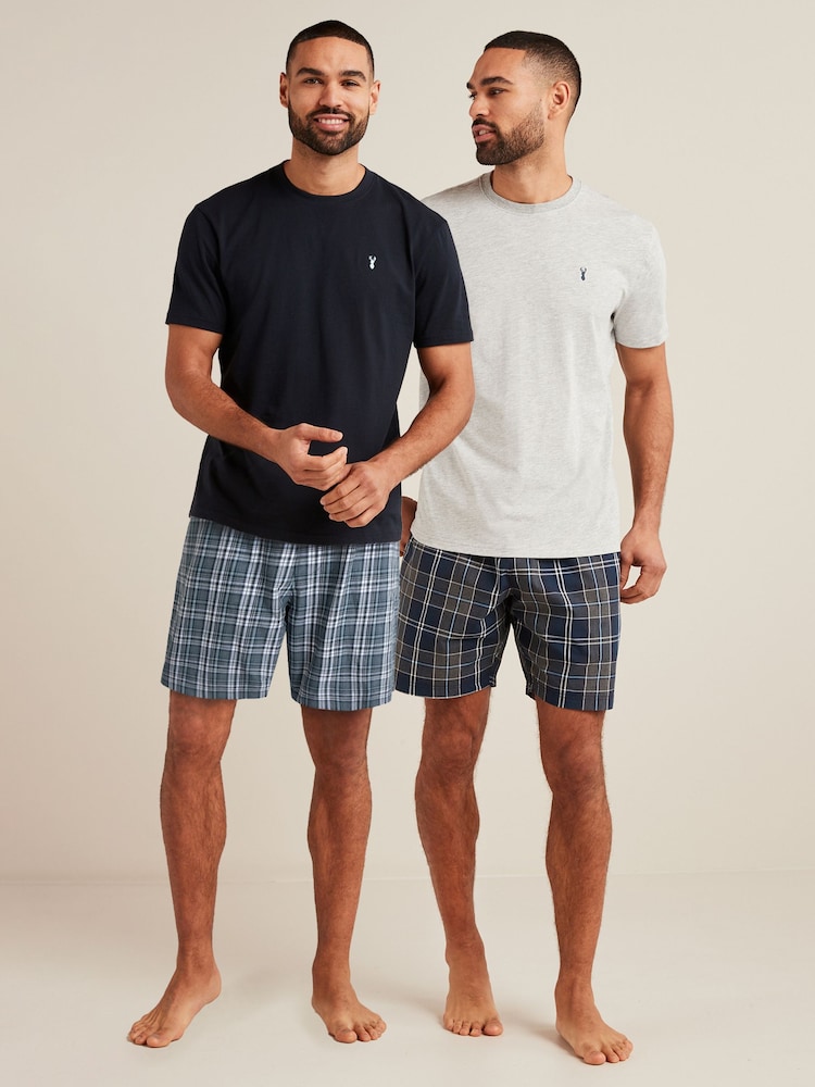 Navy Blue/Grey Check Lightweight Short Pyjama Sets 2 Pack - Image 1 of 11