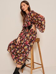 Black Floral Long Flared Sleeve Pleated Midi Dress - Image 1 of 5