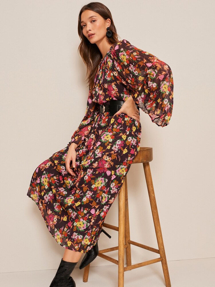 Black Floral Long Flared Sleeve Pleated Midi Dress - Image 1 of 5