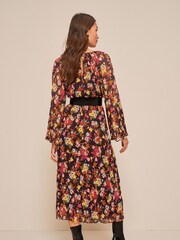 Black Floral Long Flared Sleeve Pleated Midi Dress - Image 2 of 5