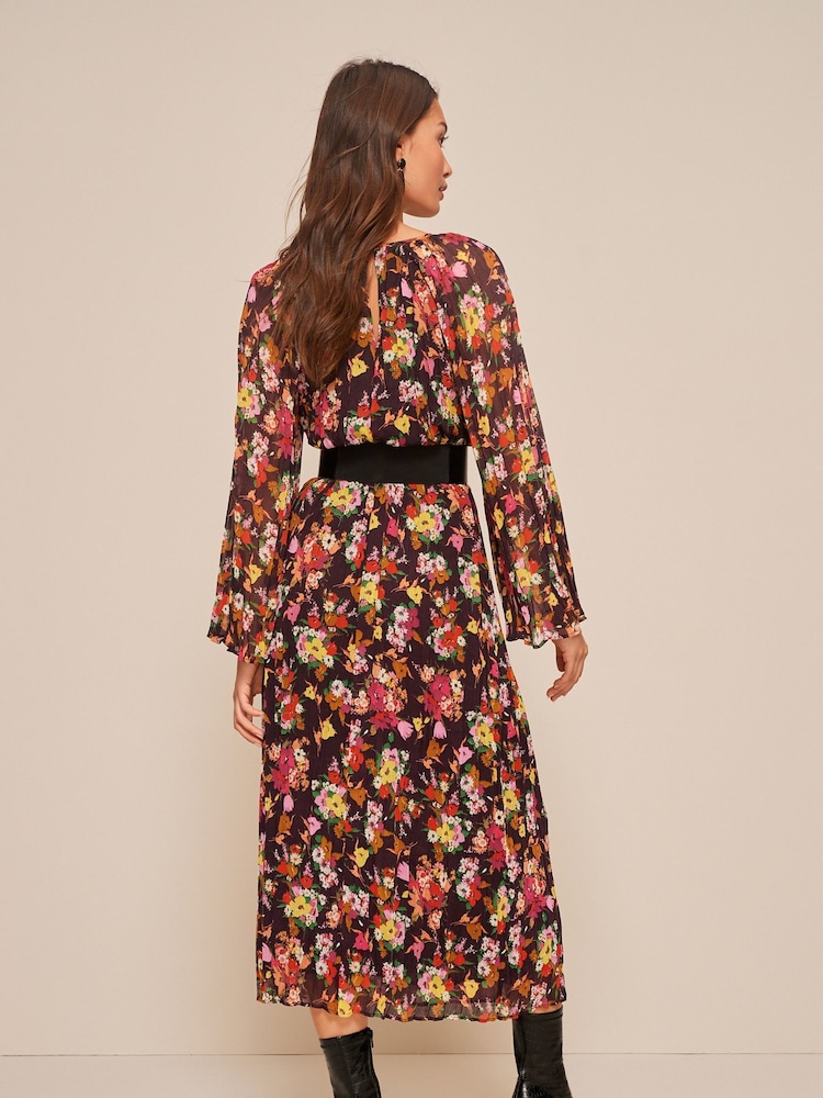 Black Floral Long Flared Sleeve Pleated Midi Dress - Image 2 of 5