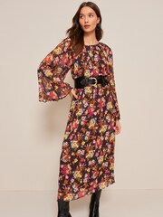 Black Floral Long Flared Sleeve Pleated Midi Dress - Image 3 of 5