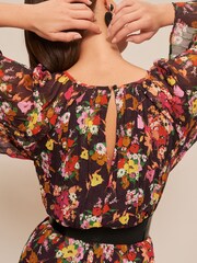 Black Floral Long Flared Sleeve Pleated Midi Dress - Image 4 of 5