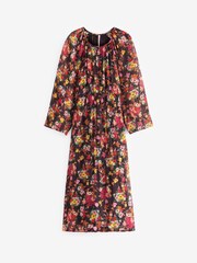 Black Floral Long Flared Sleeve Pleated Midi Dress - Image 5 of 5