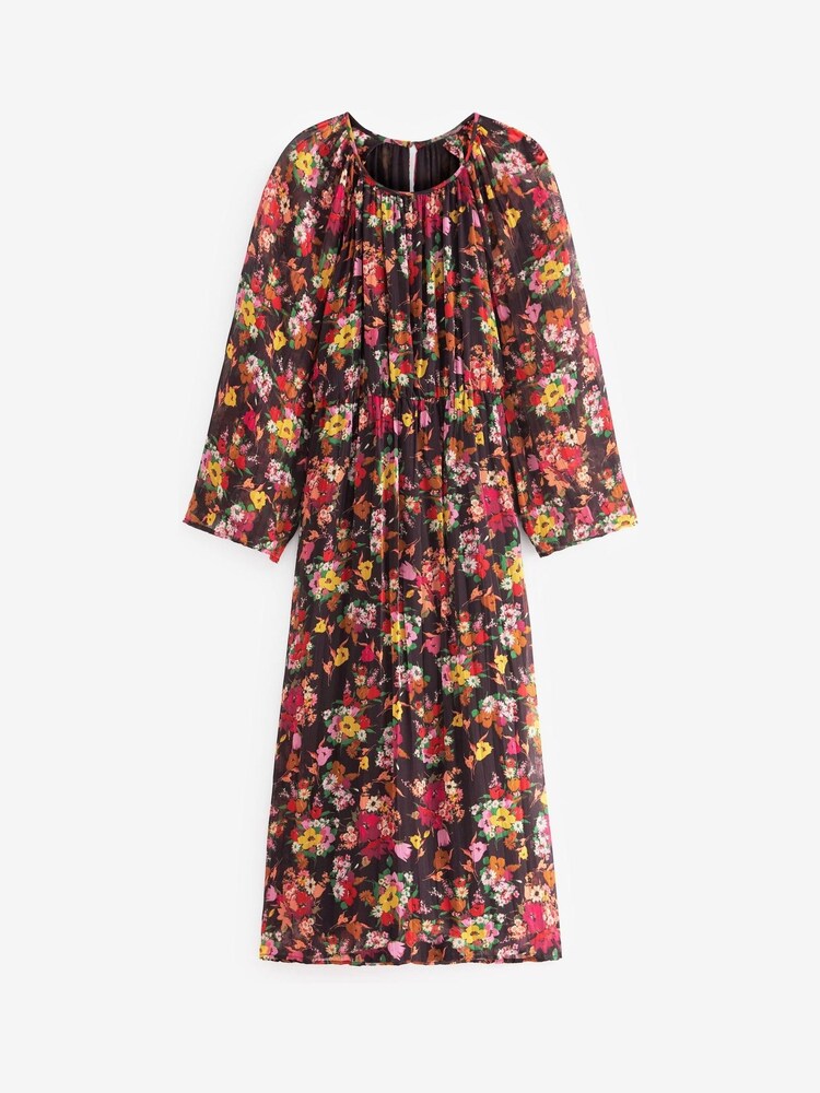 Black Floral Long Flared Sleeve Pleated Midi Dress - Image 5 of 5