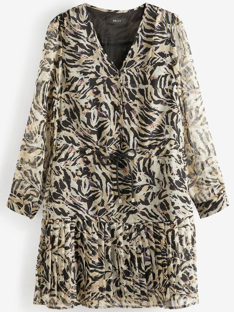 Neutral Animal Print Chiffon Tie Waist Mini Dress - Image 2 of 2 Neutral Animal Print Chiffon Tie Waist Mini Dress - Image 2 of 2