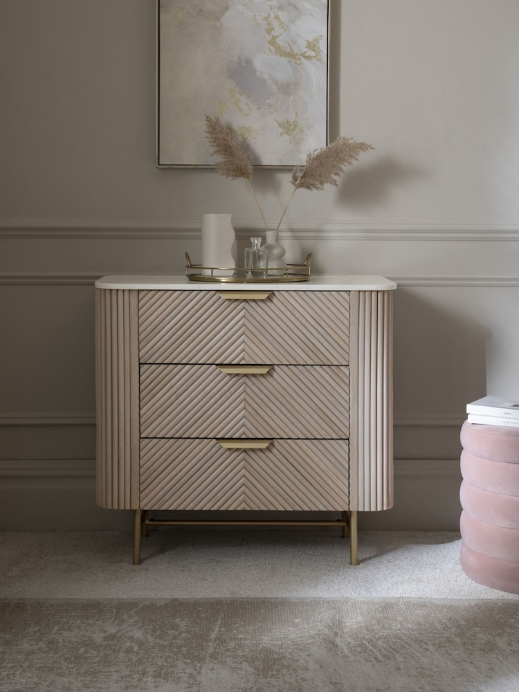 Light Grey Valencia Marble and Mango Wood 3 Drawer Wide Bedside Table - Image 1 of 10