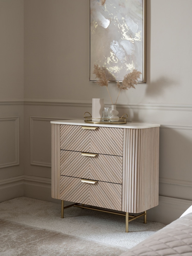 Light Grey Valencia Marble and Mango Wood 3 Drawer Wide Bedside Table - Image 2 of 10