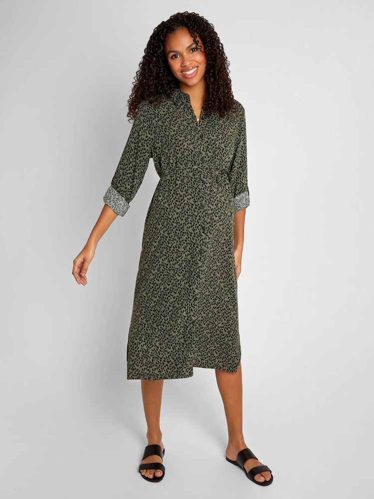 JoJo Maman Bébé Khaki Animal Print Shirt Maternity Dress - Image 1 of 4