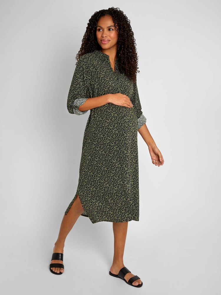 JoJo Maman Bébé Khaki Animal Print Shirt Maternity Dress - Image 2 of 4