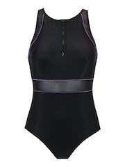 Pour Moi Black & Purple Energy Chlorine High Neck Zip Front Swimsuit - Image 4 of 5