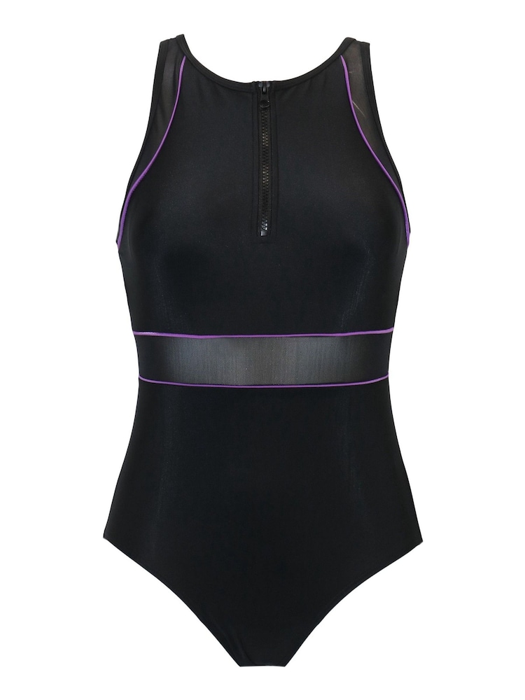 Pour Moi Black & Purple Energy Chlorine High Neck Zip Front Swimsuit - Image 1 of 2 Pour Moi Black & Purple Energy Chlorine High Neck Zip Front Swimsuit - Image 1 of 2