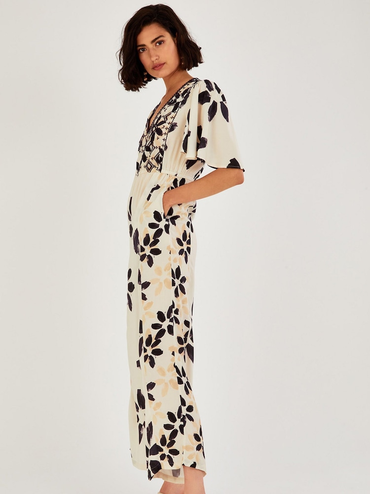 Monsoon Natural Abstract Floral Print Embroidered Jumpsuit - Image 1 of 3