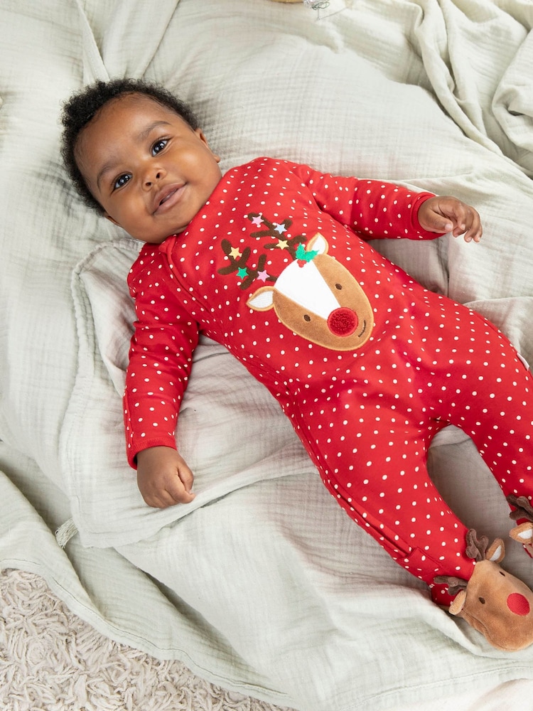 JoJo Maman Bébé Red Reindeer Appliqué Zip Cotton Baby Sleepsuit - Image 1 of 4