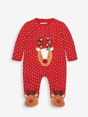JoJo Maman Bébé Red Reindeer Appliqué Zip Cotton Baby Sleepsuit - Image 2 of 4