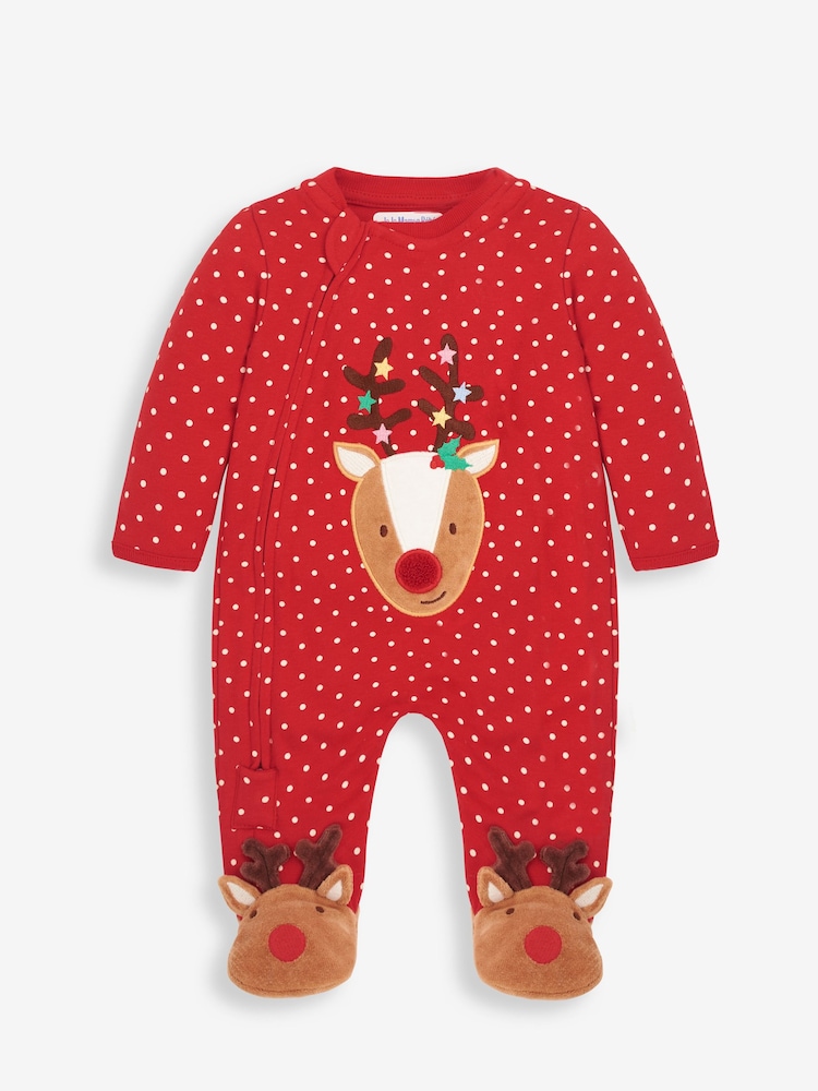 JoJo Maman Bébé Red Reindeer Appliqué Zip Cotton Baby Sleepsuit - Image 2 of 4