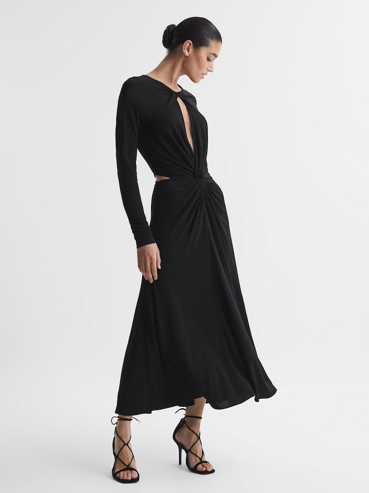 Reiss Black Faye Twist Cut-Out Midi Dress - Image 1 of 4