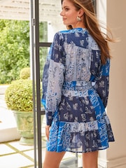 Blue Patchwork Design Belted Mini Shirt Dress - Image 3 of 5