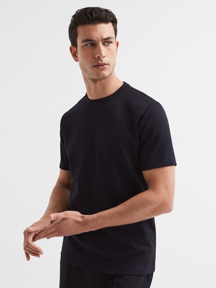 Reiss Navy Bradley Interlock Jersey Crew Neck T-Shirt - Image 1 of 6 Reiss Navy Bradley Interlock Jersey Crew Neck T-Shirt - Image 1 of 6