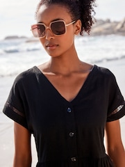 Black Embroidery Detail Linen Blend Tiered Mini Dress - Image 4 of 5