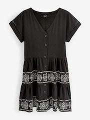 Black Embroidery Detail Linen Blend Tiered Mini Dress - Image 5 of 5