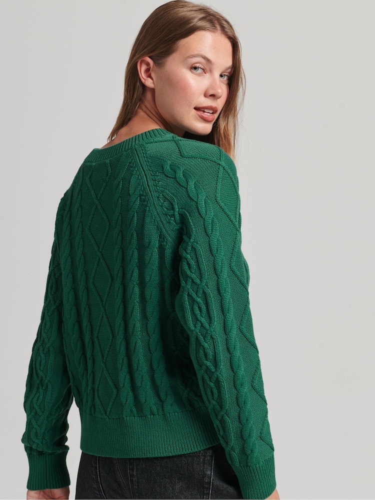 Zielony - Sweter w stylu vintage z bawełnianej dzianiny o warkoczowym splocie Superdry - Image 3 of 6