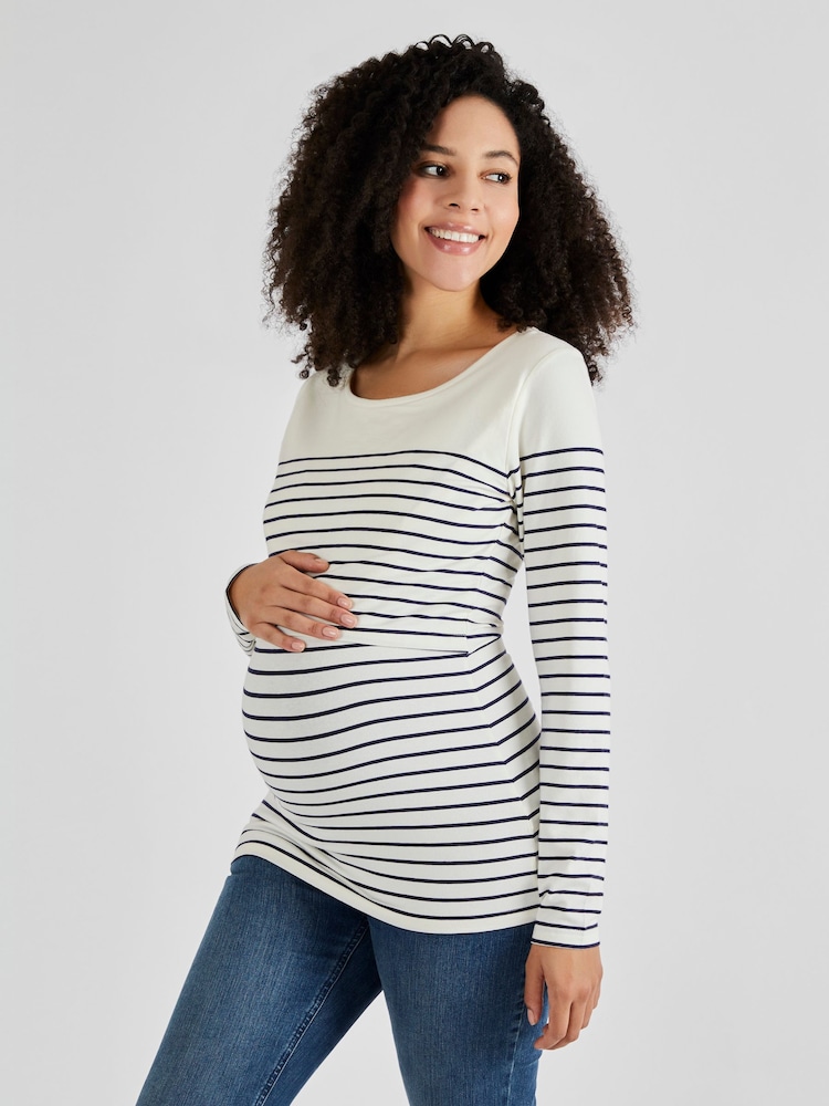 JoJo Maman Bébé Ecru Cream Navy Stripe Breton Stripe Nursing Top - Image 1 of 5