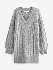 Grau - Strickkleid mit Zopfmuster und V-Ausschnitt - Bild 5 von 6