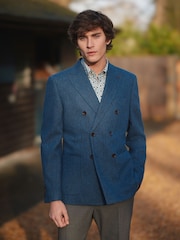 Blue Double Breasted Slim Nova Fides Signature Herringbone Wool Blazer - Image 1 of 15