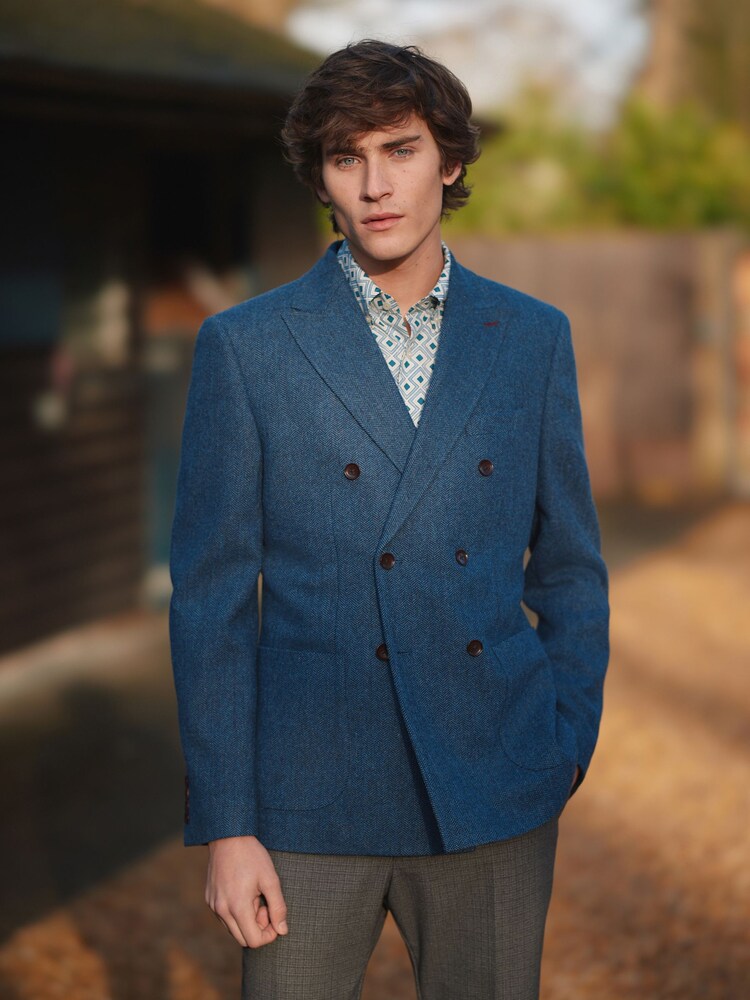 Blue Double Breasted Slim Nova Fides Signature Herringbone Wool Blazer - Image 1 of 15
