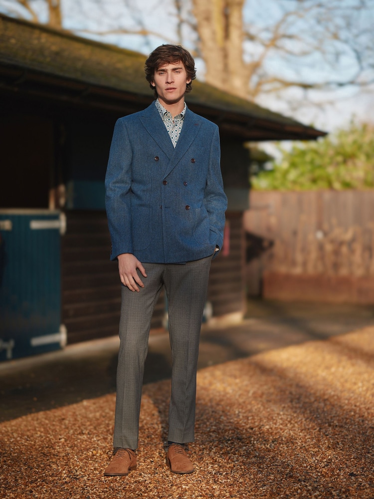Blue Double Breasted Slim Nova Fides Signature Herringbone Wool Blazer - Image 2 of 15
