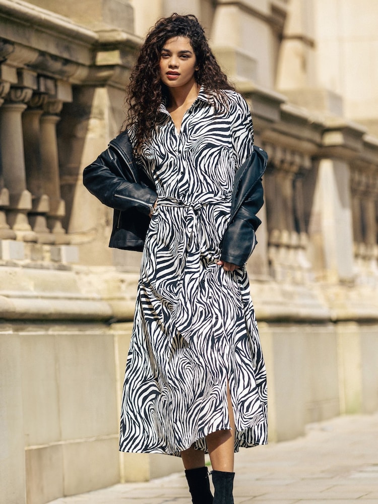 Buy Roman Black white Animal Print Belted Shirt Dress from the