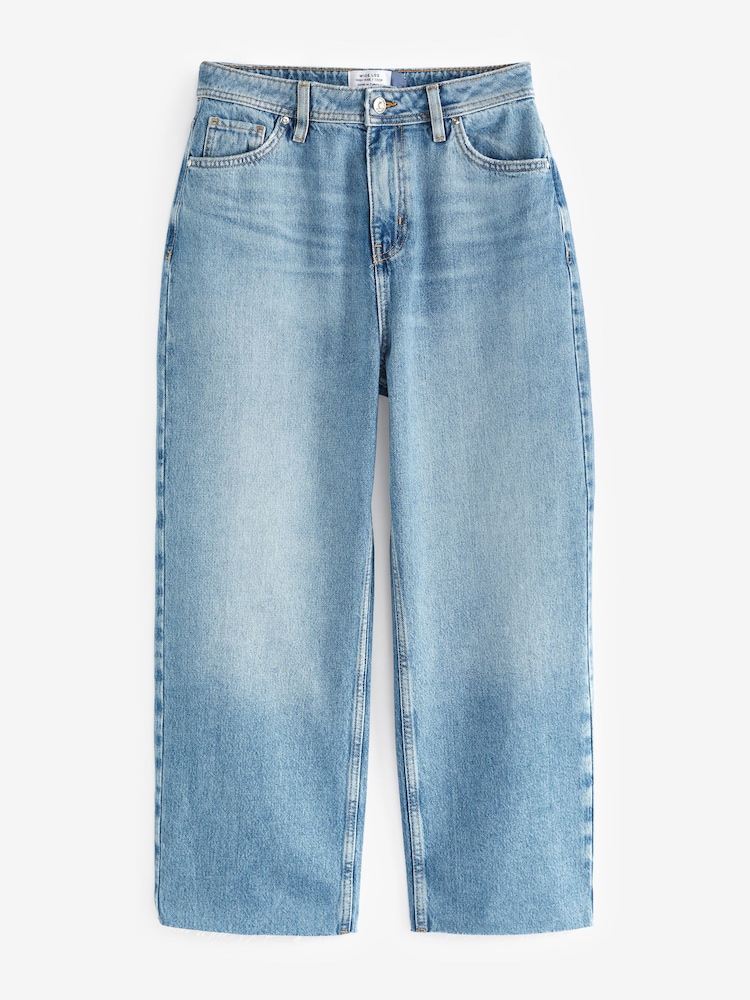 Mid Blue Denim Raw Hem Cropped Wide Leg Jeans - Image 5 of 5