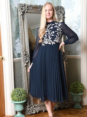 Yumi Blue Long Sleeve Embroidered Midi Dress With Pleats - Image 1 of 5