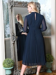 Yumi Blue Long Sleeve Embroidered Midi Dress With Pleats - Image 2 of 5
