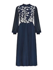 Yumi Blue Long Sleeve Embroidered Midi Dress With Pleats - Image 4 of 5