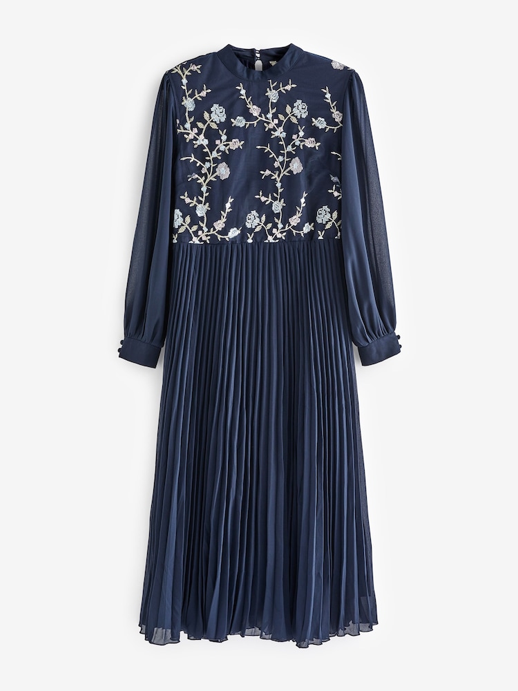 Yumi Blue Long Sleeve Embroidered Midi Dress With Pleats - Image 5 of 5