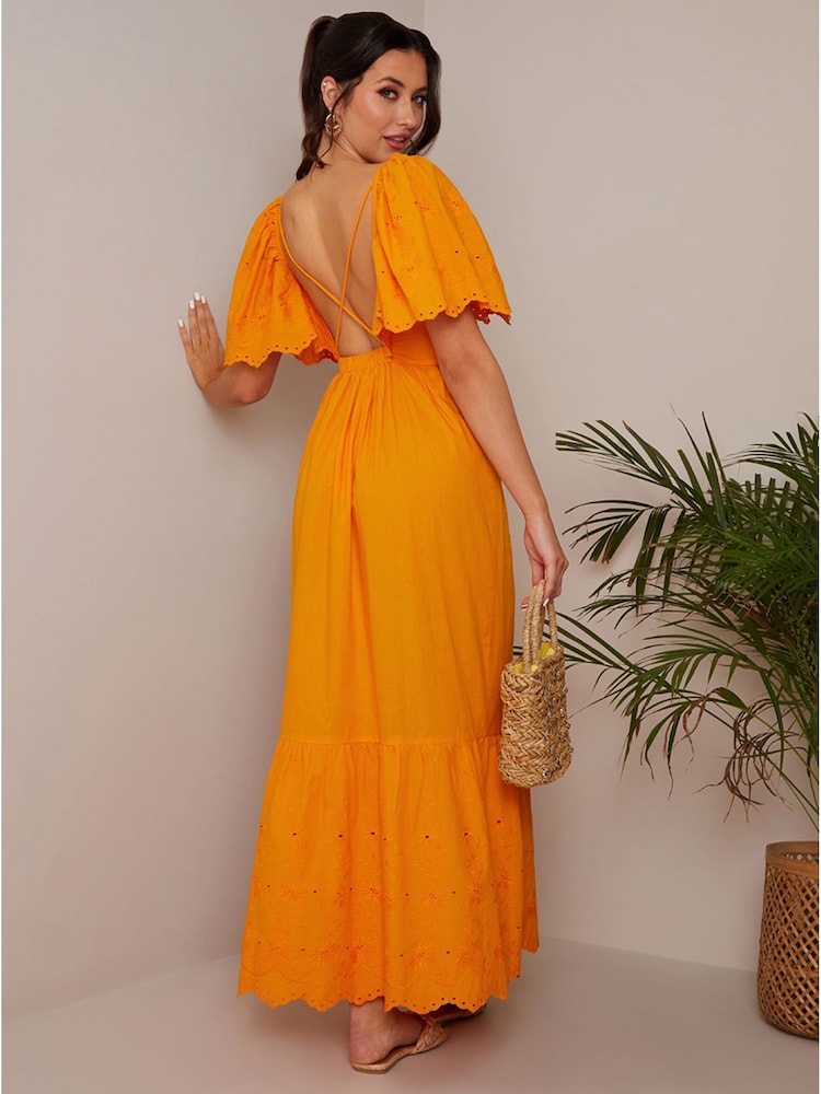 Chi Chi London Orange Broderie Sleeve Poplin Maxi Dress - Image 2 of 5